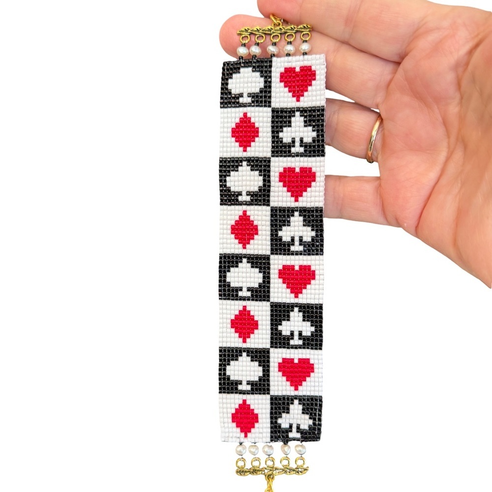 Hand Crafted Playing Card Motif Beaded Cuff Bracelet - Picture 2 of 6